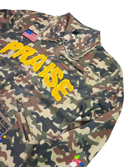 Praise Embellished Premium Mens Denim Jacket Camo