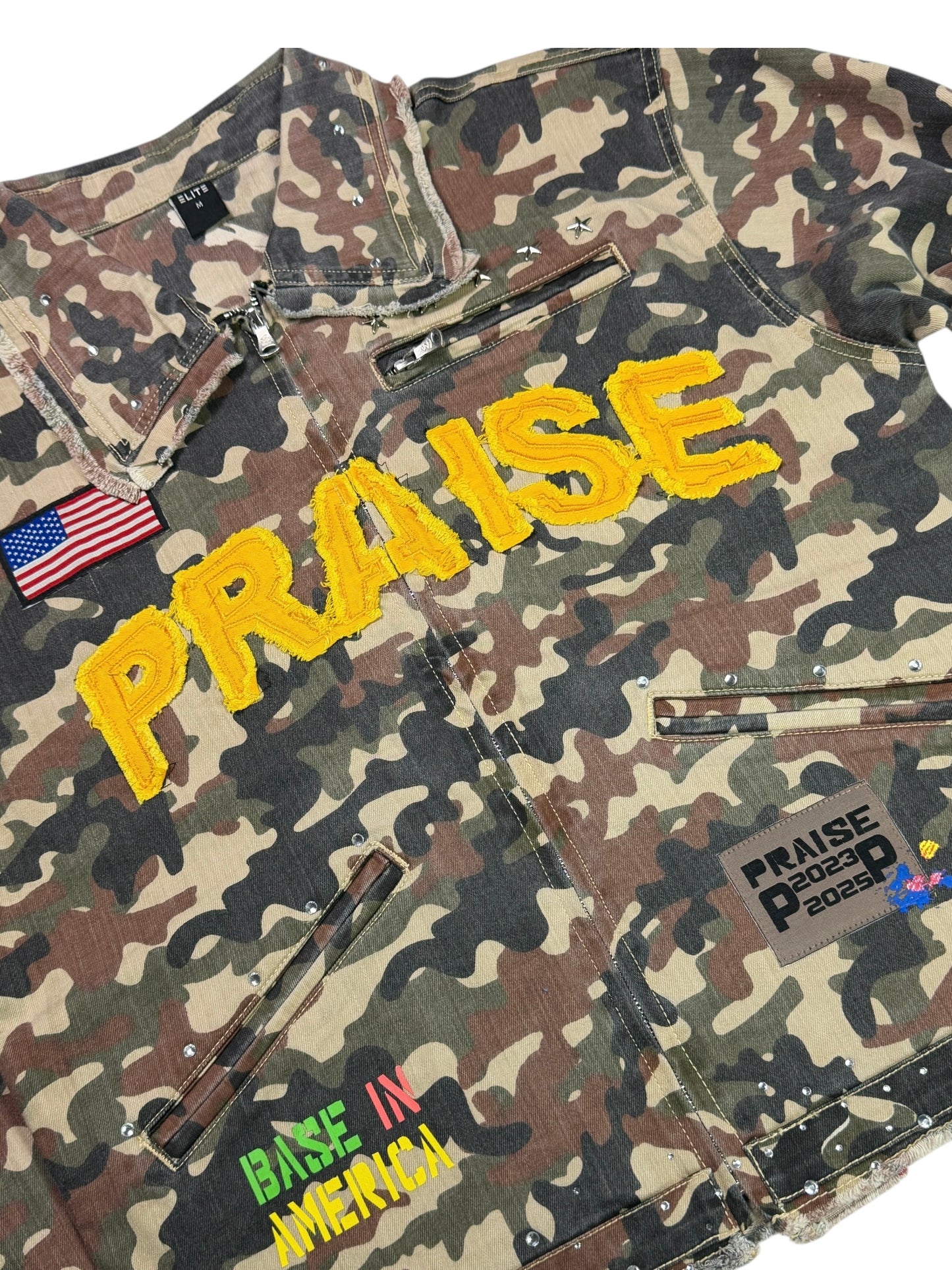 Praise Embellished Premium Mens Denim Jacket Camo