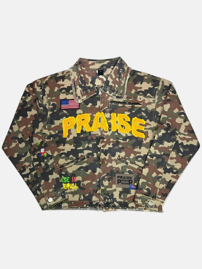 Praise Embellished Premium Mens Denim Jacket Camo