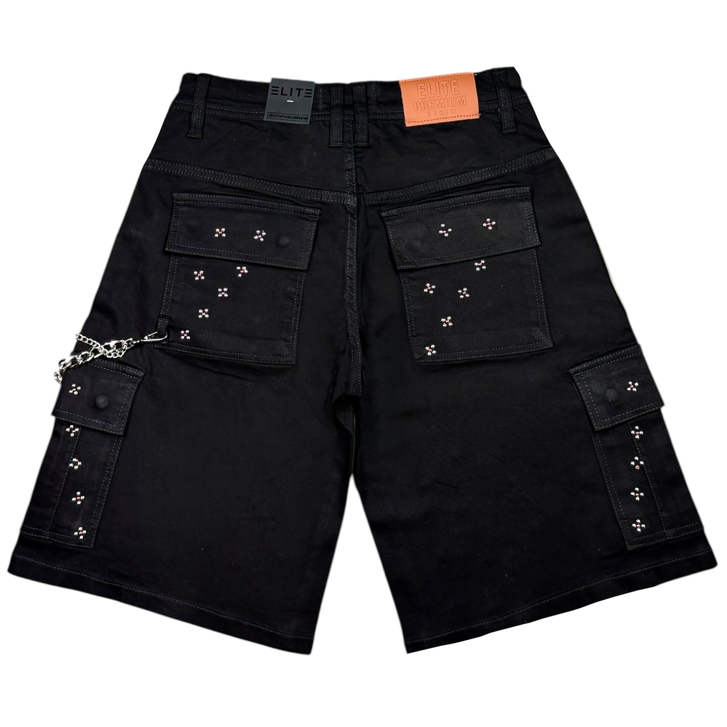Winners Jet Black Embellished Mens Denim Shorts + Chain