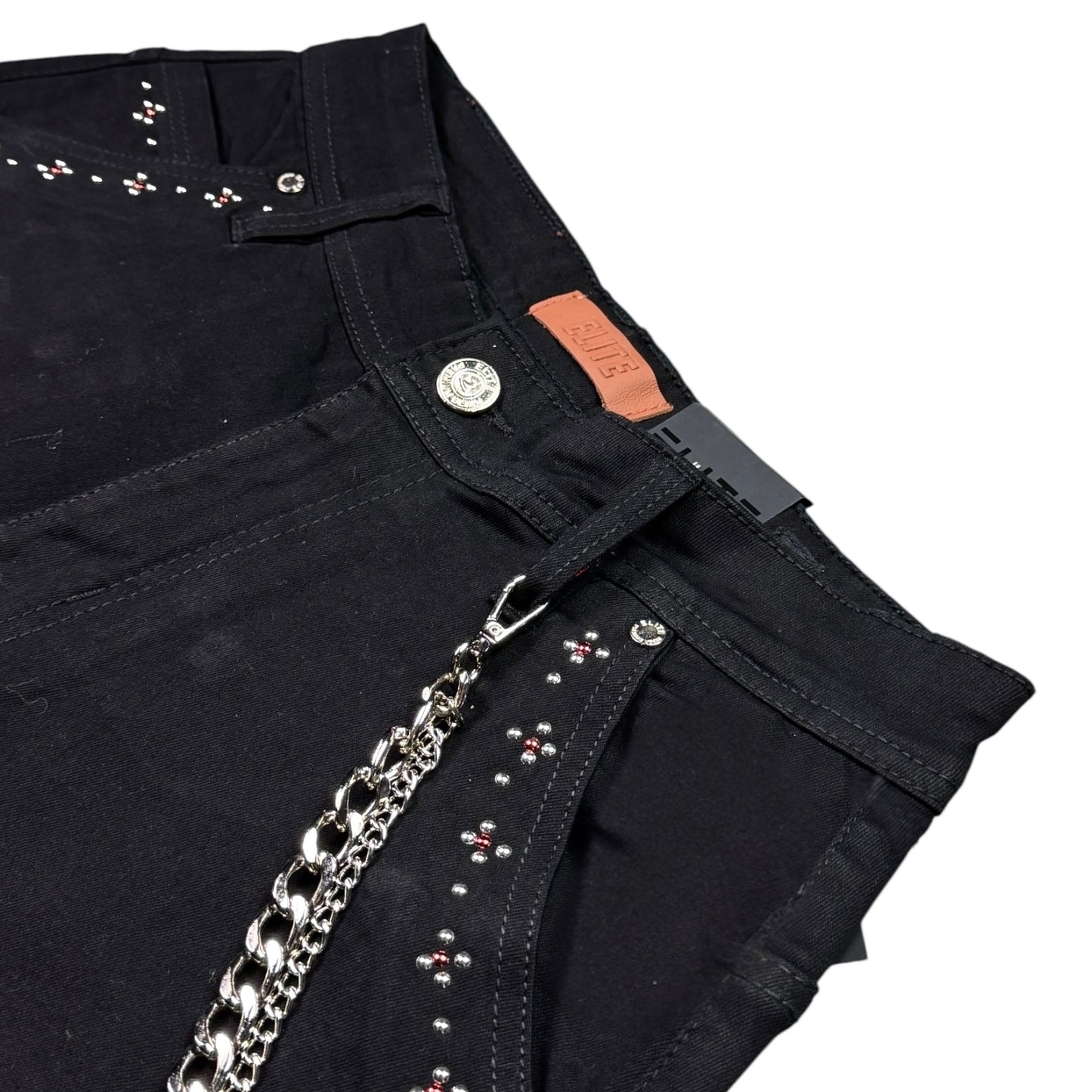 Winners Jet Black Embellished Mens Denim Shorts + Chain