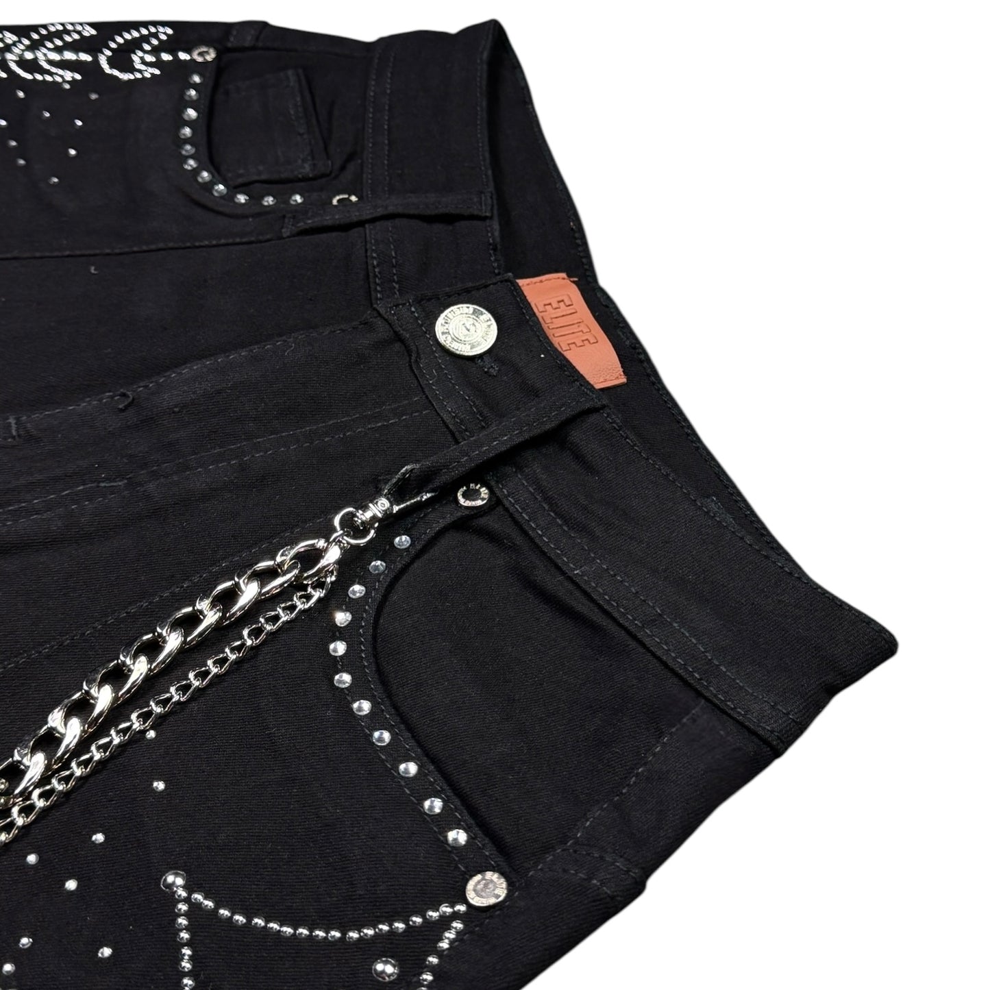 Moon Phase Jet Black Embellished Mens Denim Shorts + Chain