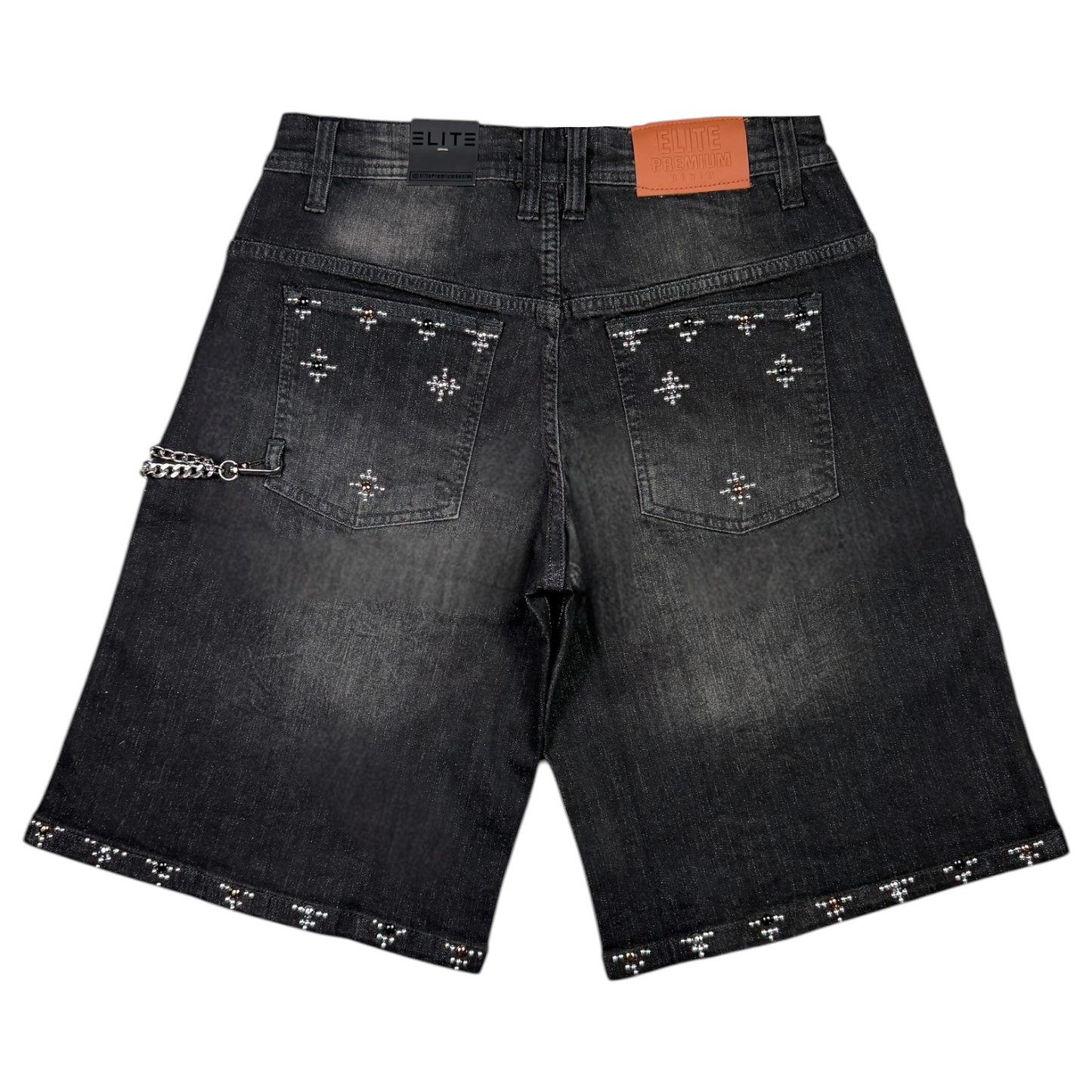 Faded Black Wash Embellished Mens Denim Shorts + Chain