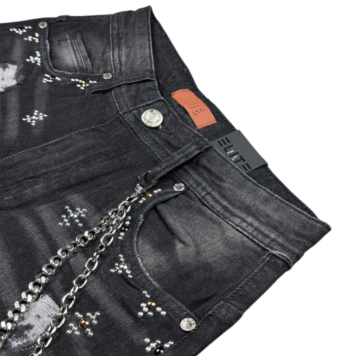Faded Black Wash Embellished Mens Denim Shorts + Chain