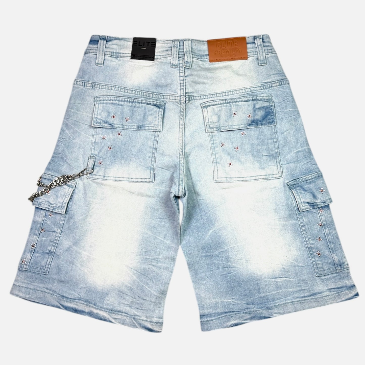 Winners Ice Wash Embellished Mens Denim Shorts + Chain