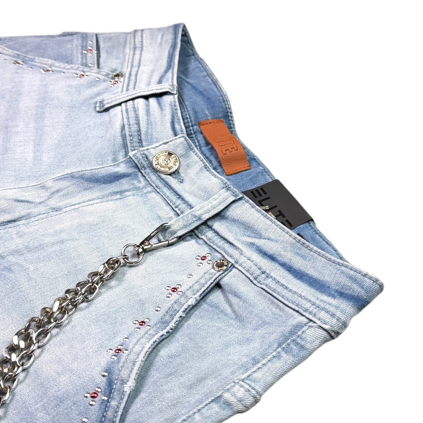 Winners Ice Wash Embellished Mens Denim Shorts + Chain