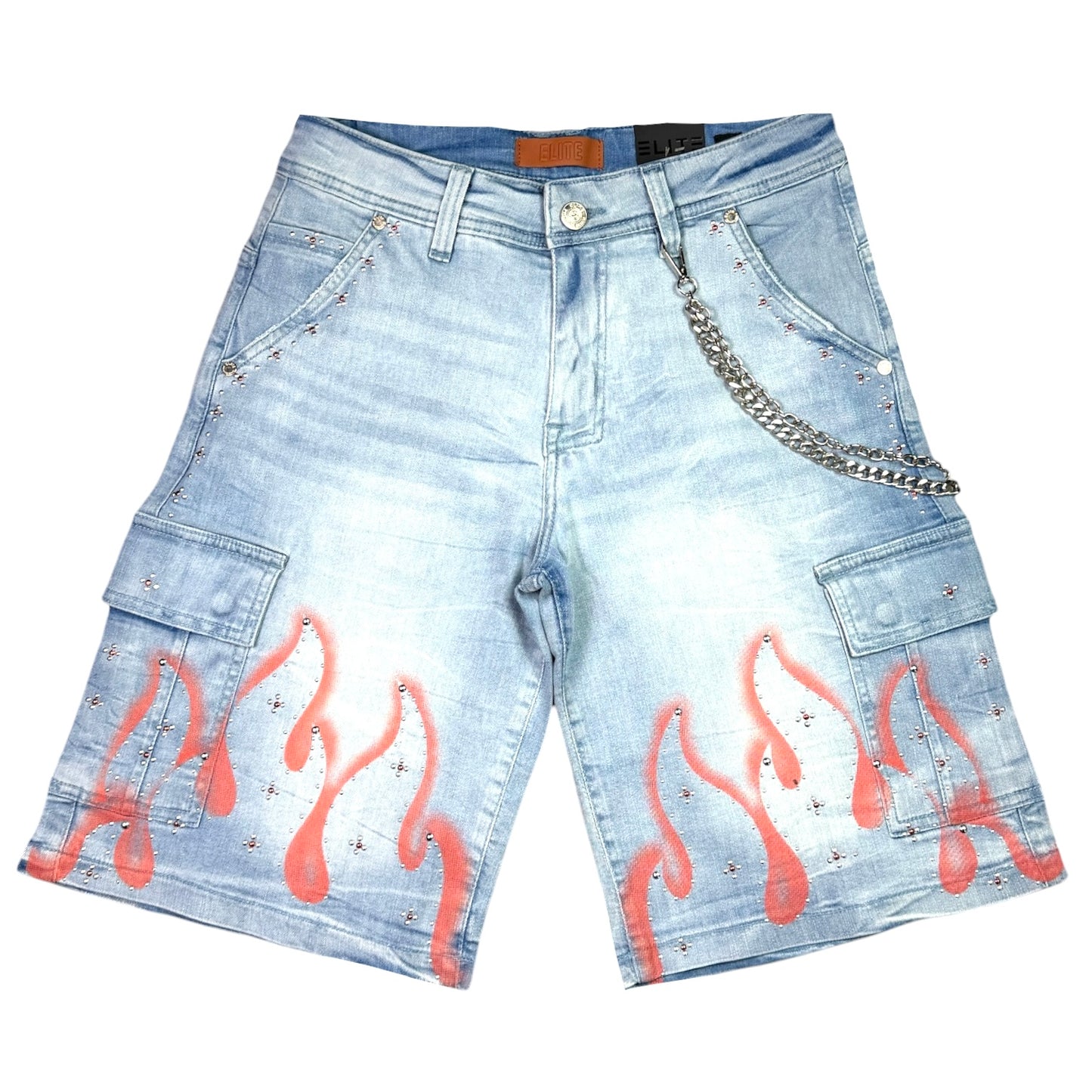 Winners Ice Wash Embellished Mens Denim Shorts + Chain