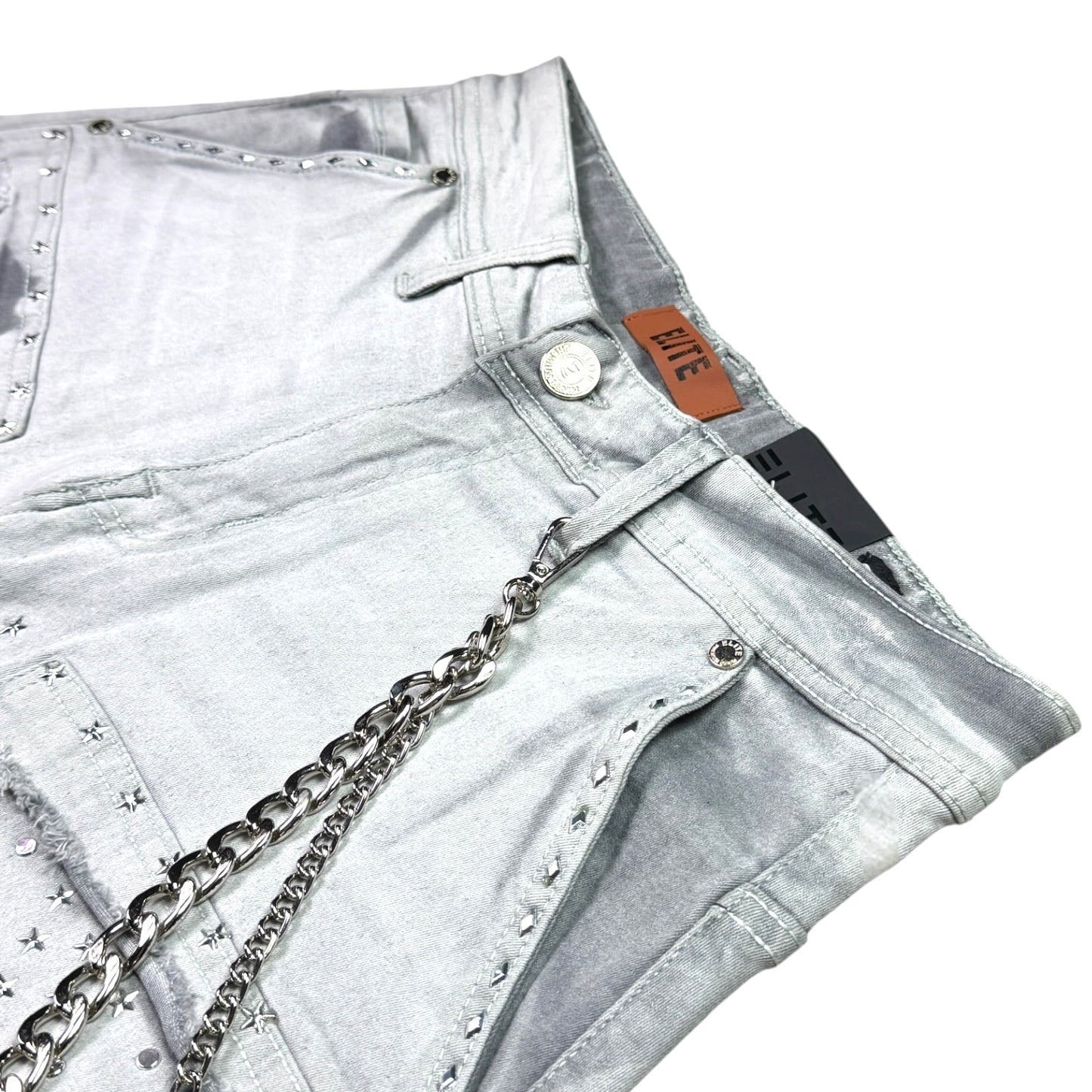 Flint Grey Embellished Mens Denim Shorts + Chain