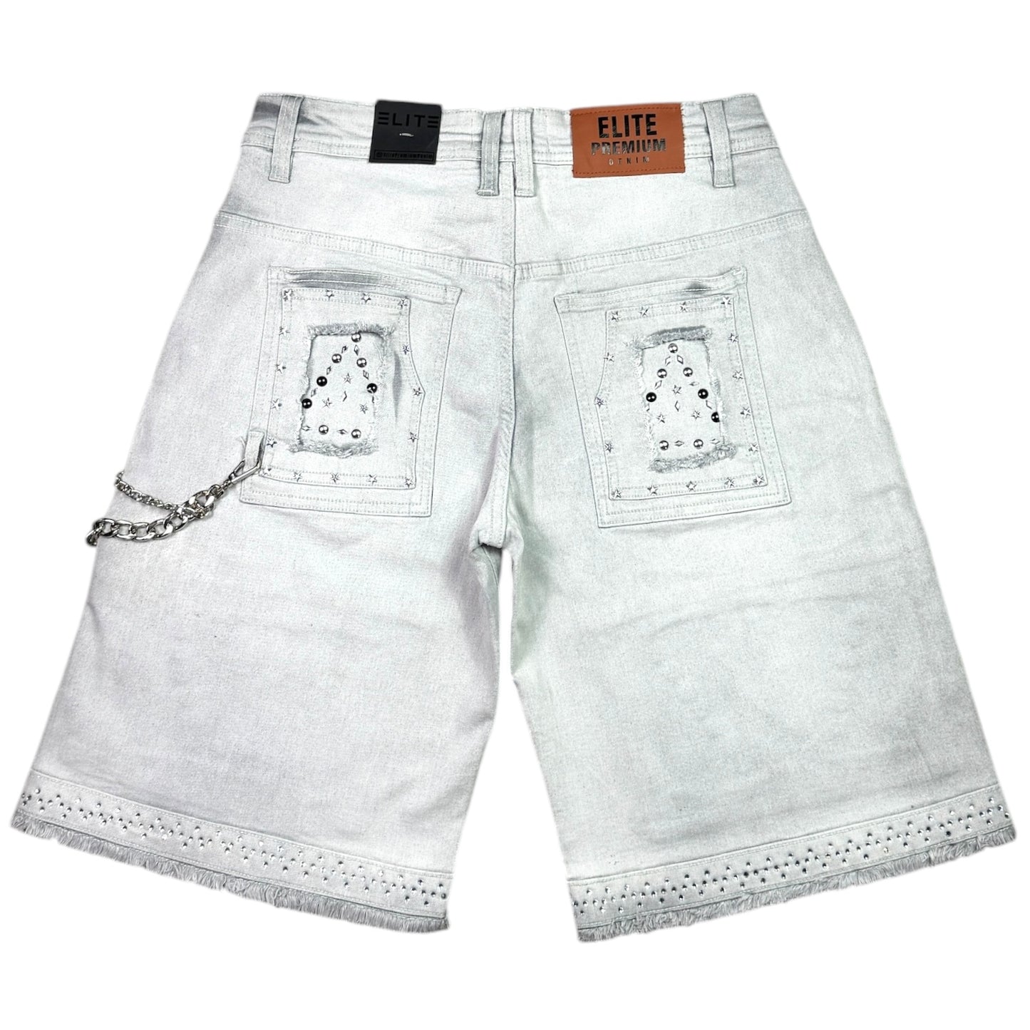 Flint Grey Embellished Mens Denim Shorts + Chain