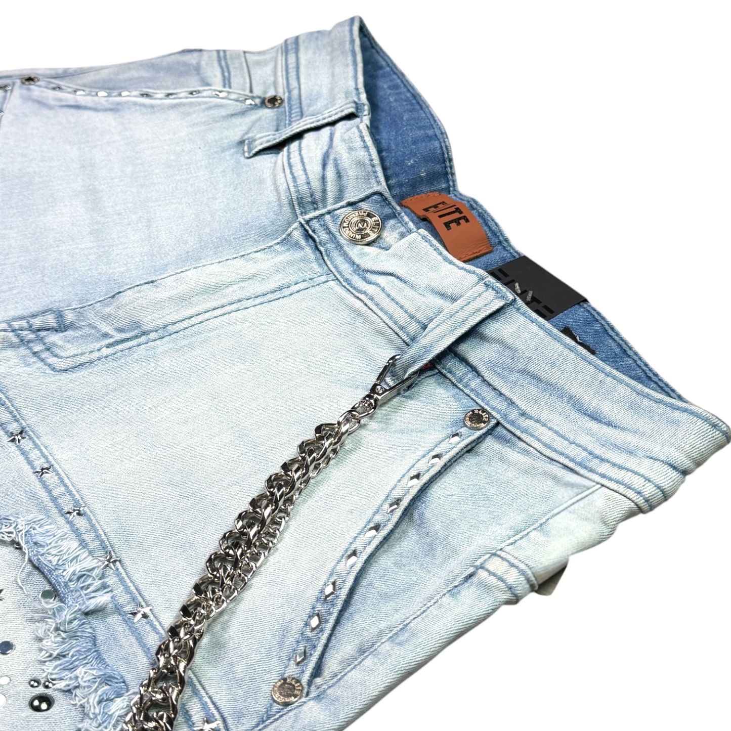 Flint Ice Wash Embellished Mens Denim Shorts + Chain