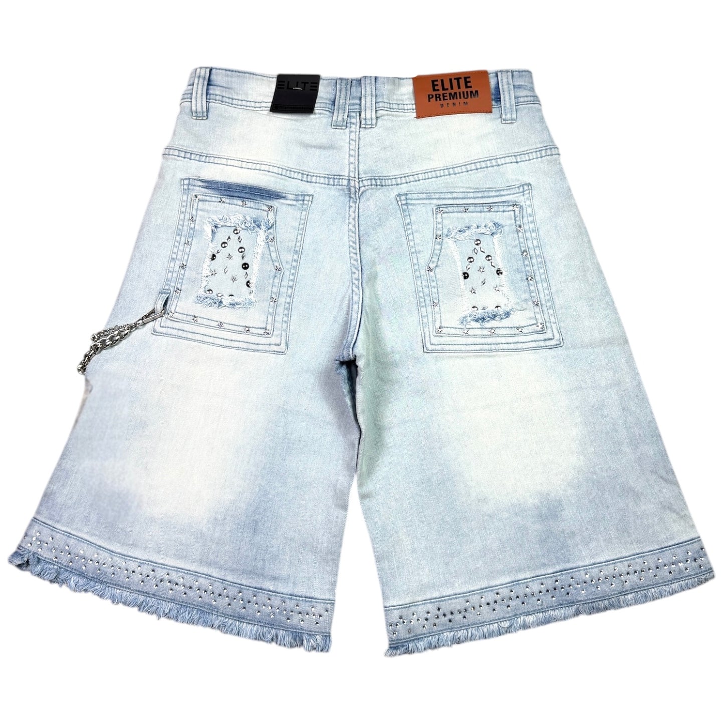 Flint Ice Wash Embellished Mens Denim Shorts + Chain