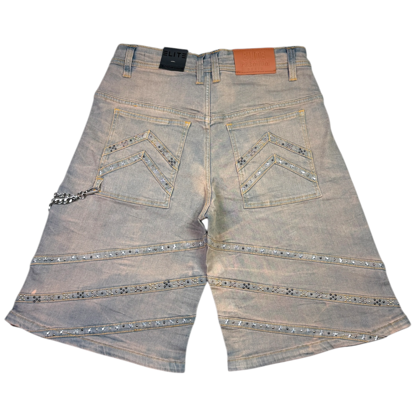 Pyramids Vintage Embellished Mens Denim Shorts + Chain