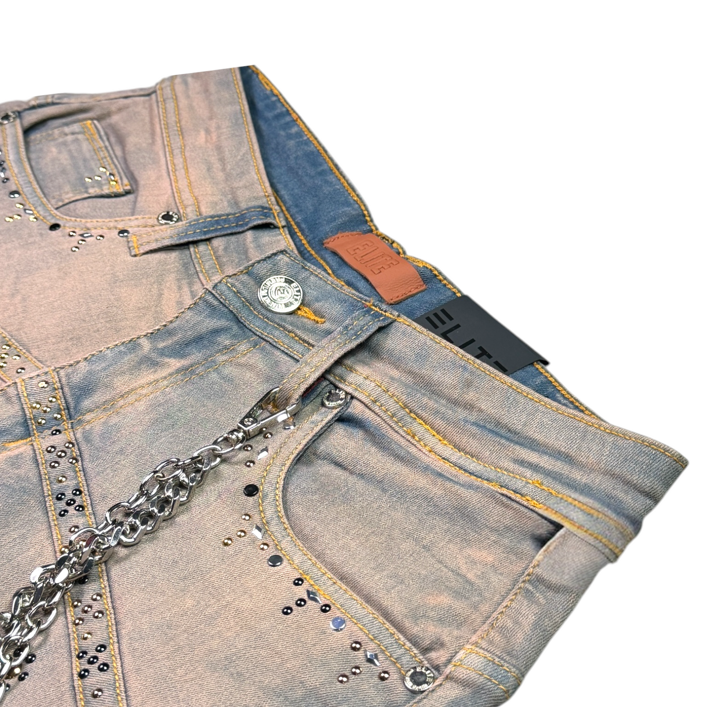 Pyramids Vintage Embellished Mens Denim Shorts + Chain