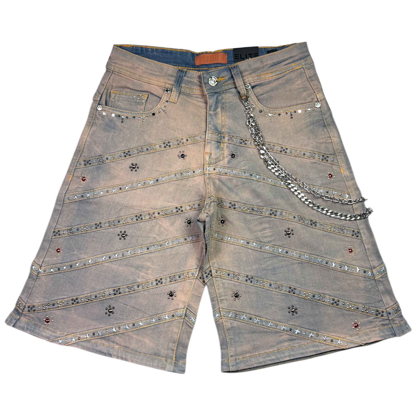 Pyramids Vintage Embellished Mens Denim Shorts + Chain