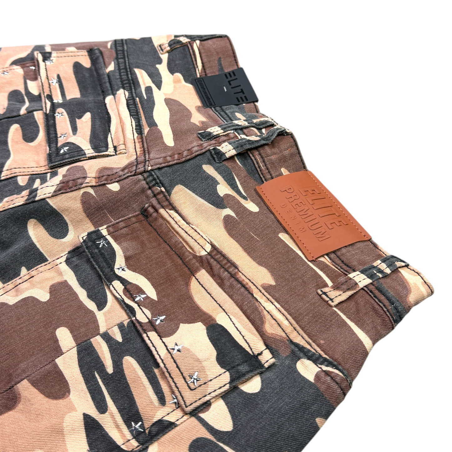Patch Work Brown Camo Embellished Mens Denim Shorts + Chain