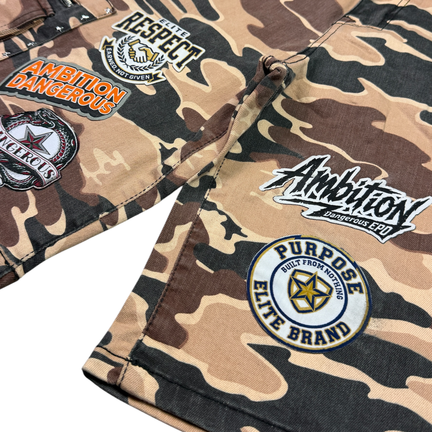 Patch Work Brown Camo Embellished Mens Denim Shorts + Chain