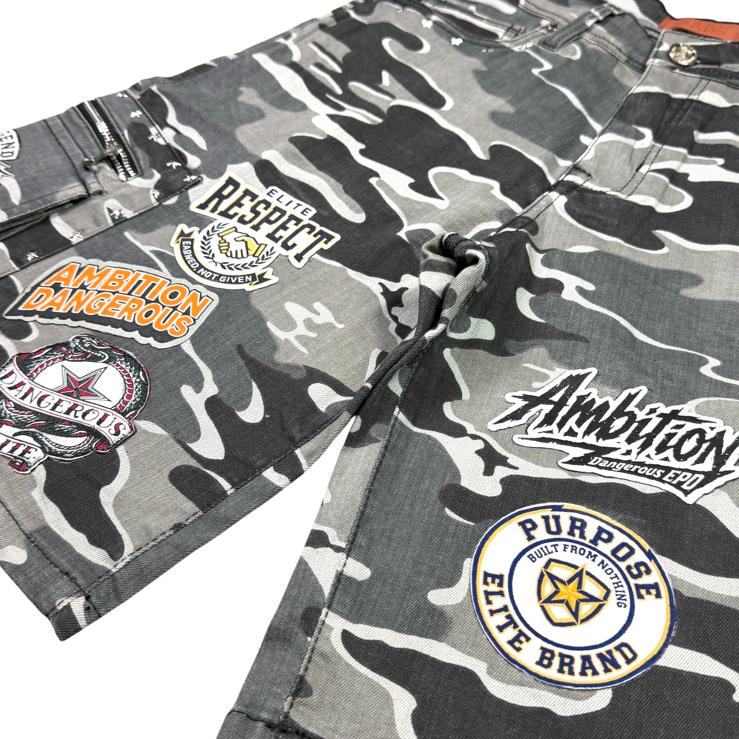 Patch Work Night Camo Embellished Mens Denim Shorts + Chain