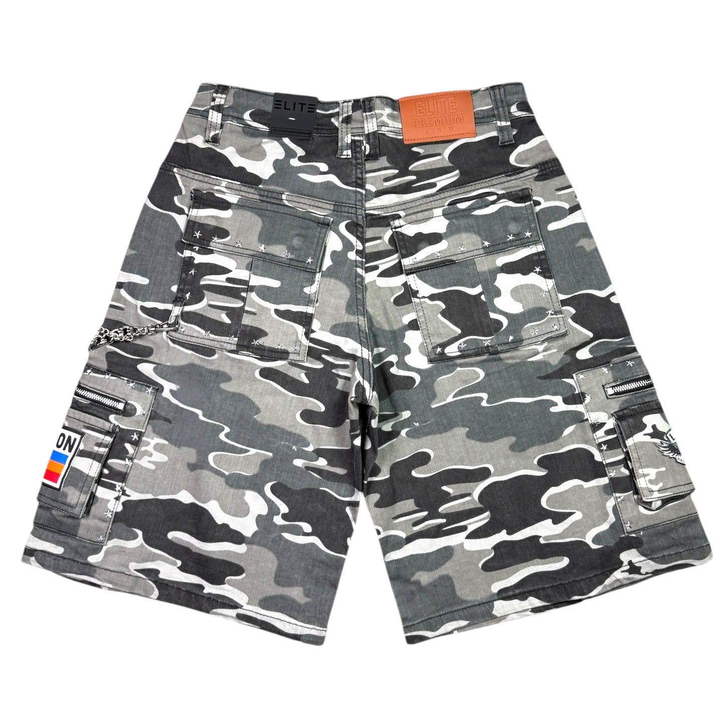 Patch Work Night Camo Embellished Mens Denim Shorts + Chain