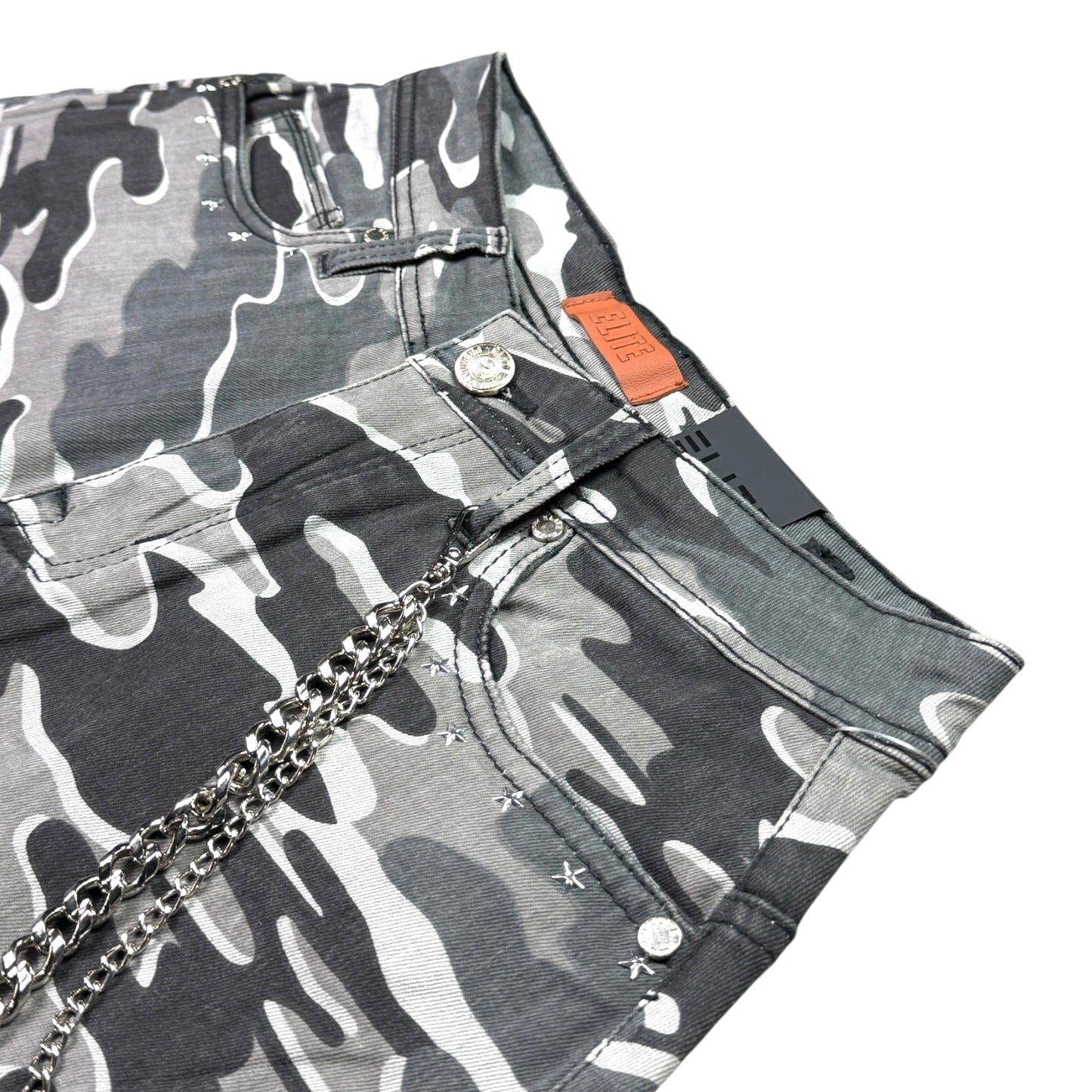 Patch Work Night Camo Embellished Mens Denim Shorts + Chain