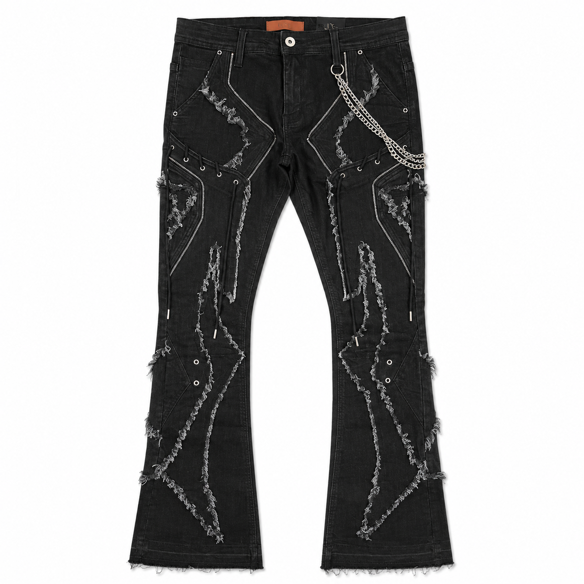 Zipper Ninja Fade Black Men's Flare Jeans + Chain