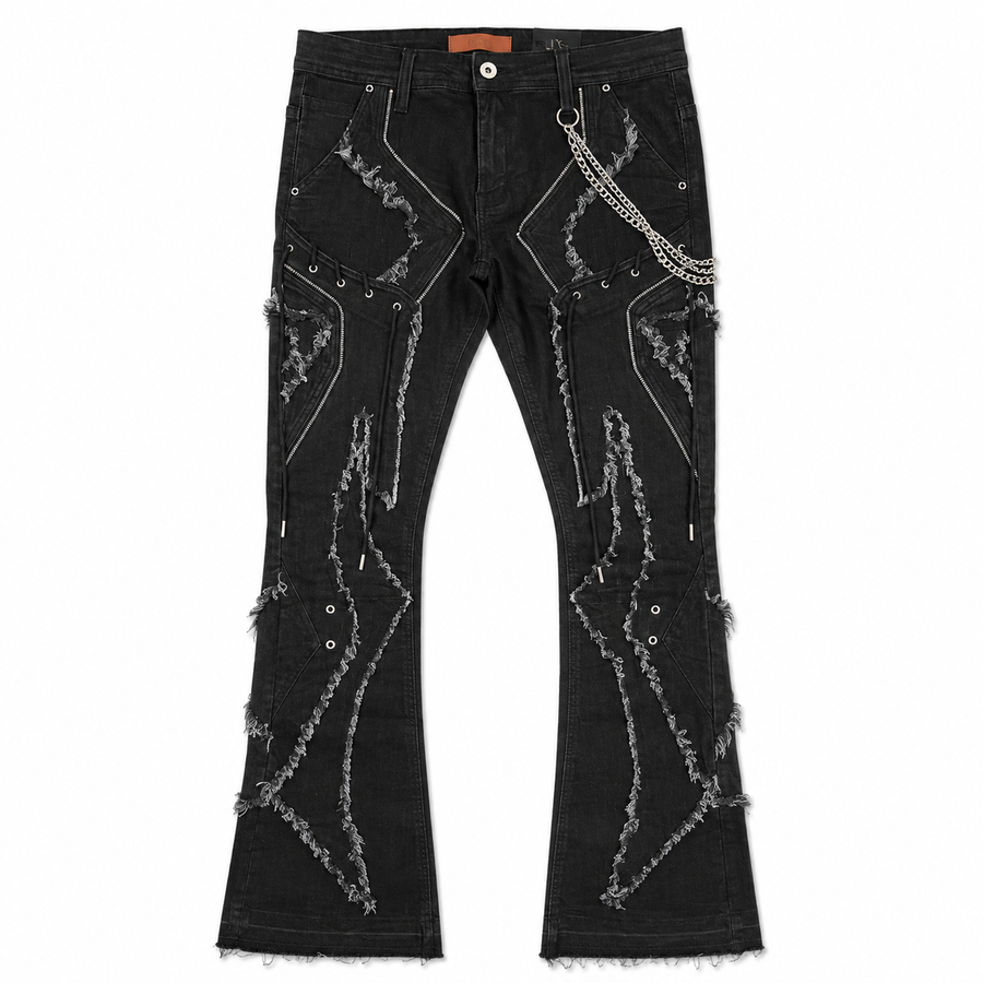 Zipper Ninja Fade Black Men's Flare Jeans + Chain