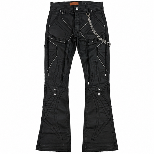 Zipper Ninja Black Wax Denim Men's Flare Jeans + Chain