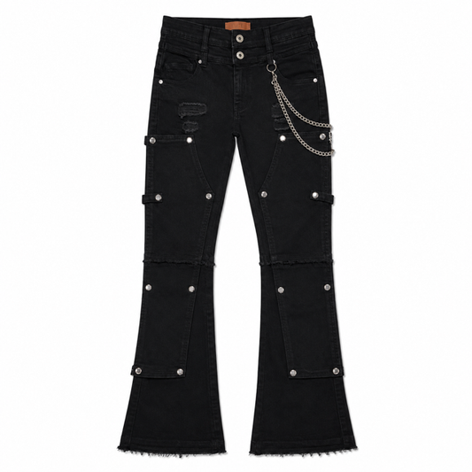Padded Black OD Denim Men's Flare Jeans + Chain