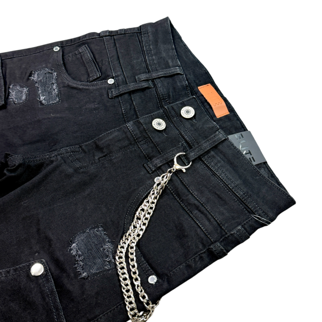 Padded Black OD Denim Men's Flare Jeans + Chain