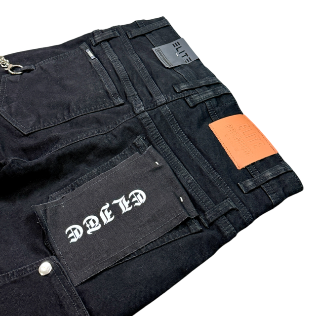 Padded Black OD Denim Men's Flare Jeans + Chain
