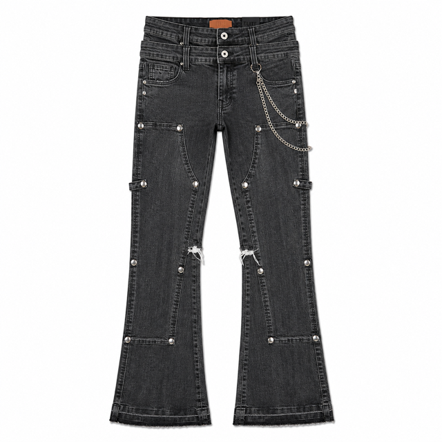 Padded Black Washed Denim Men's Flare Jeans + Chain
