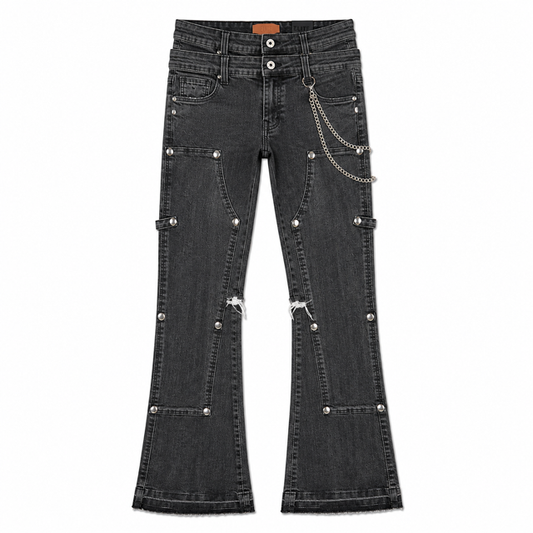Padded Black Washed Denim Men's Flare Jeans + Chain