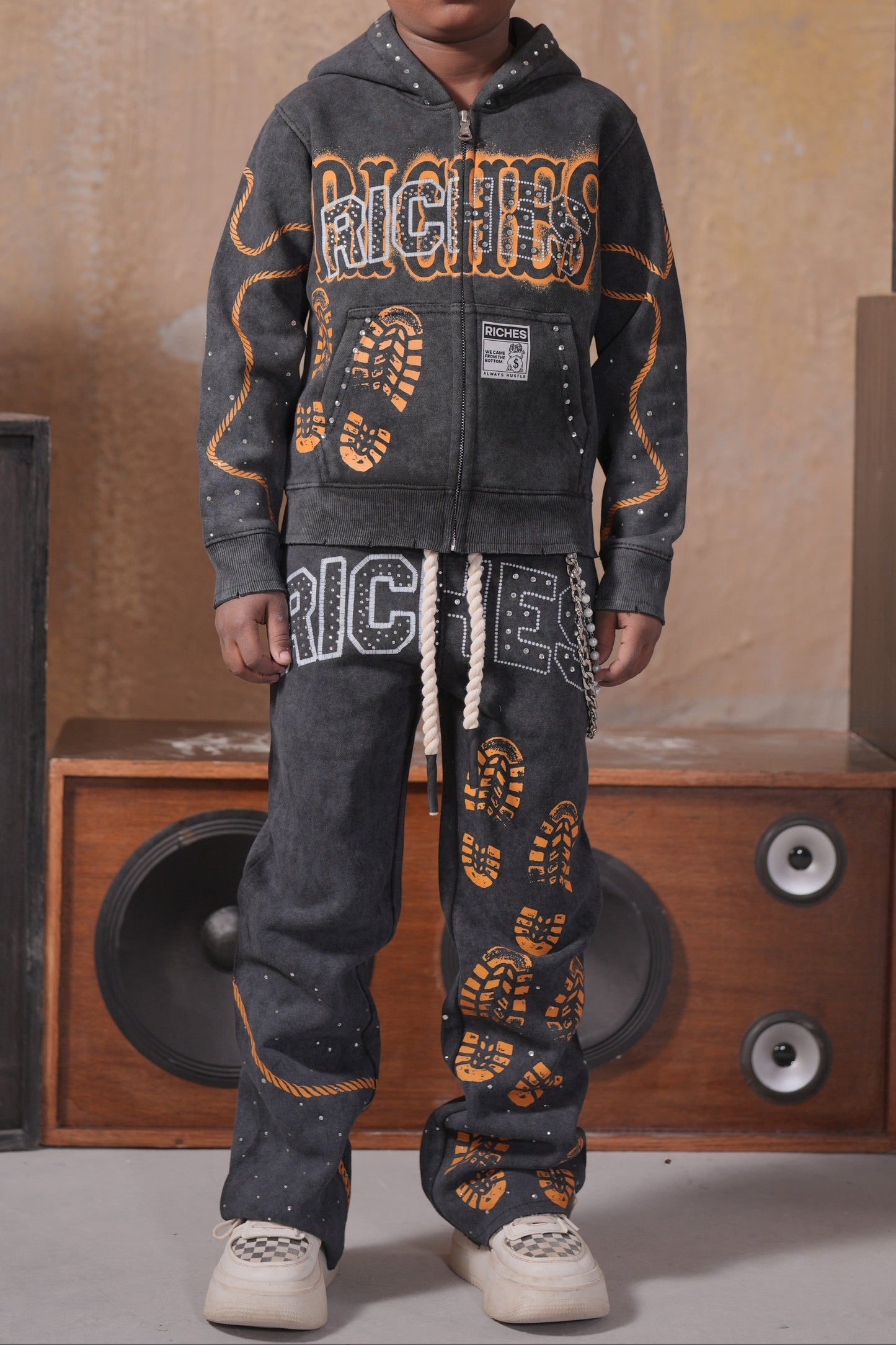 Riches Black Rhinestone Premium Kids Fleece Set