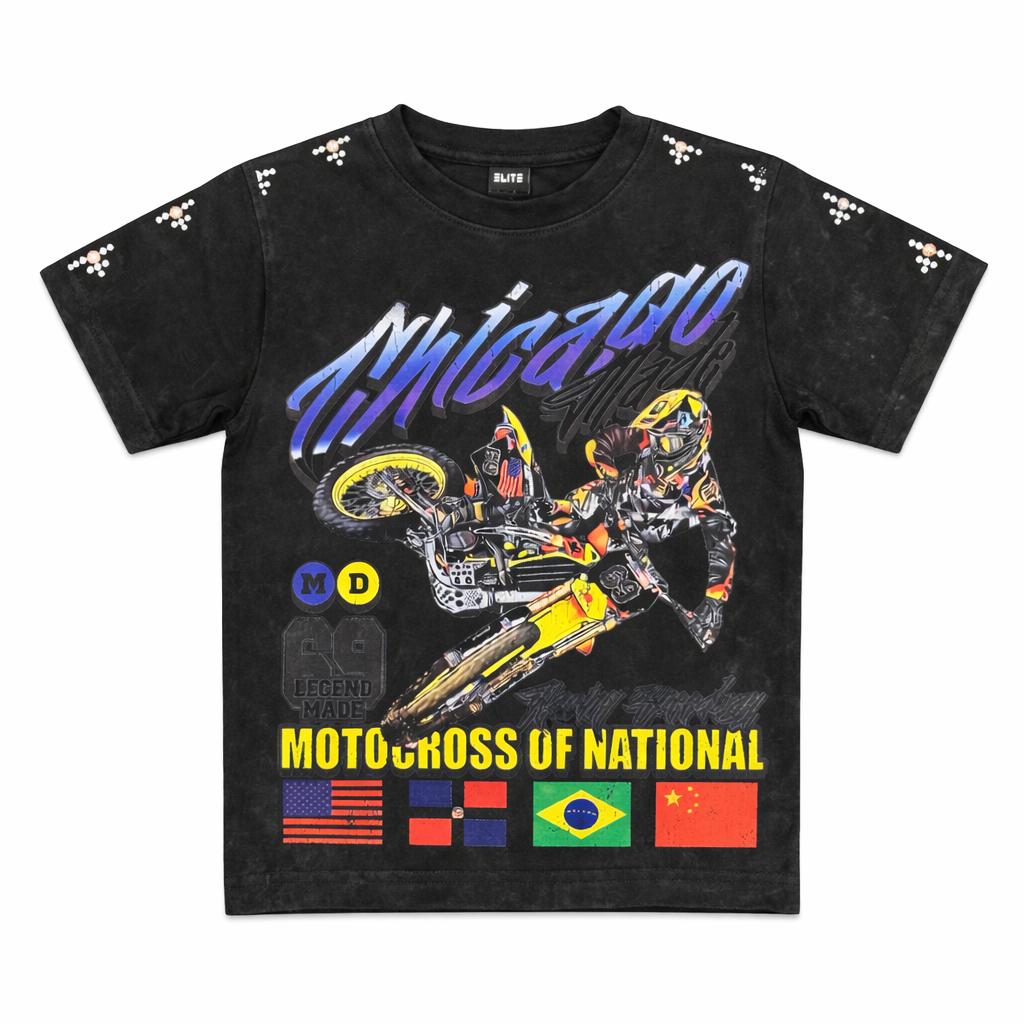 Motor Cross Premium Embellished Black Kids Tee