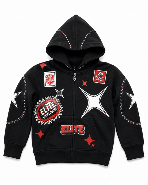 Street Art Rhinestone Embellished Black Kids Zip Up Hoodie