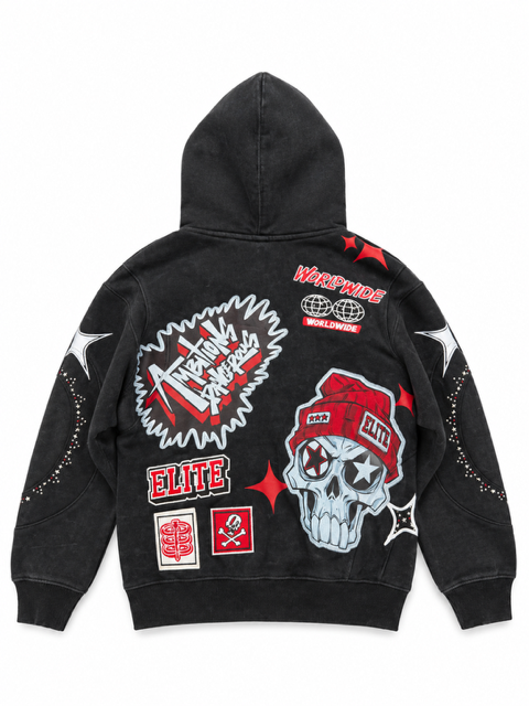 Street Art Rhinestone Embellished Black Kids Zip Up Hoodie