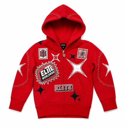 Street Art Rhinestone Embellished Red Kids Zip Up Hoodie