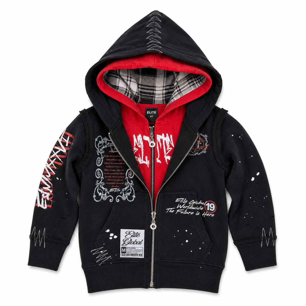 Double Layer Red Black Kids Zip Up Hoodie