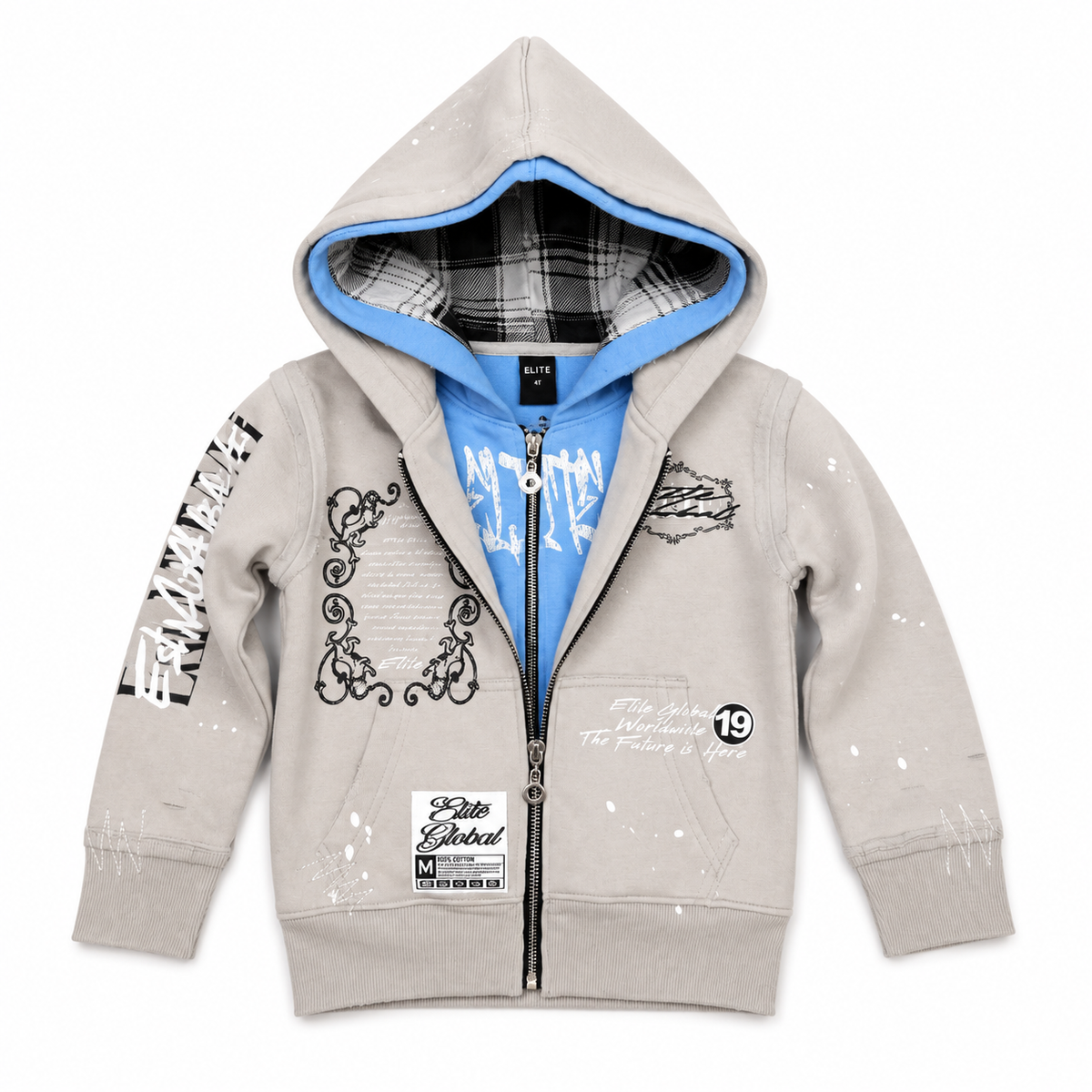 Double Layer Royal Grey Kids Zip Up Hoodie