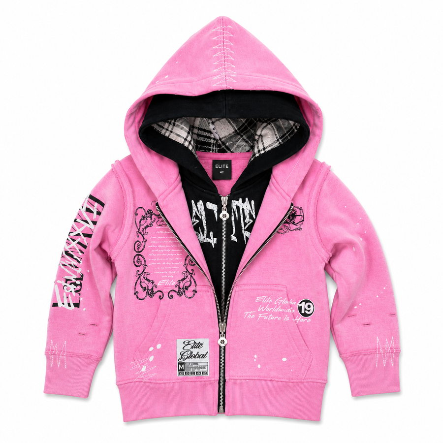 Double Layer Pink Black Kids Zip Up Hoodie