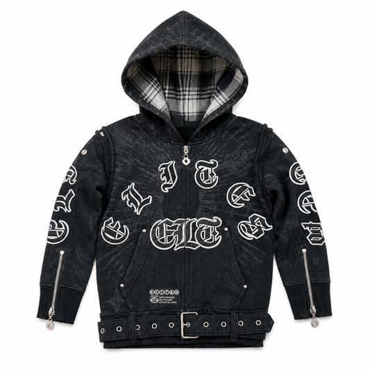 Belted Embroidered Black Kids Zip Up Hoodie
