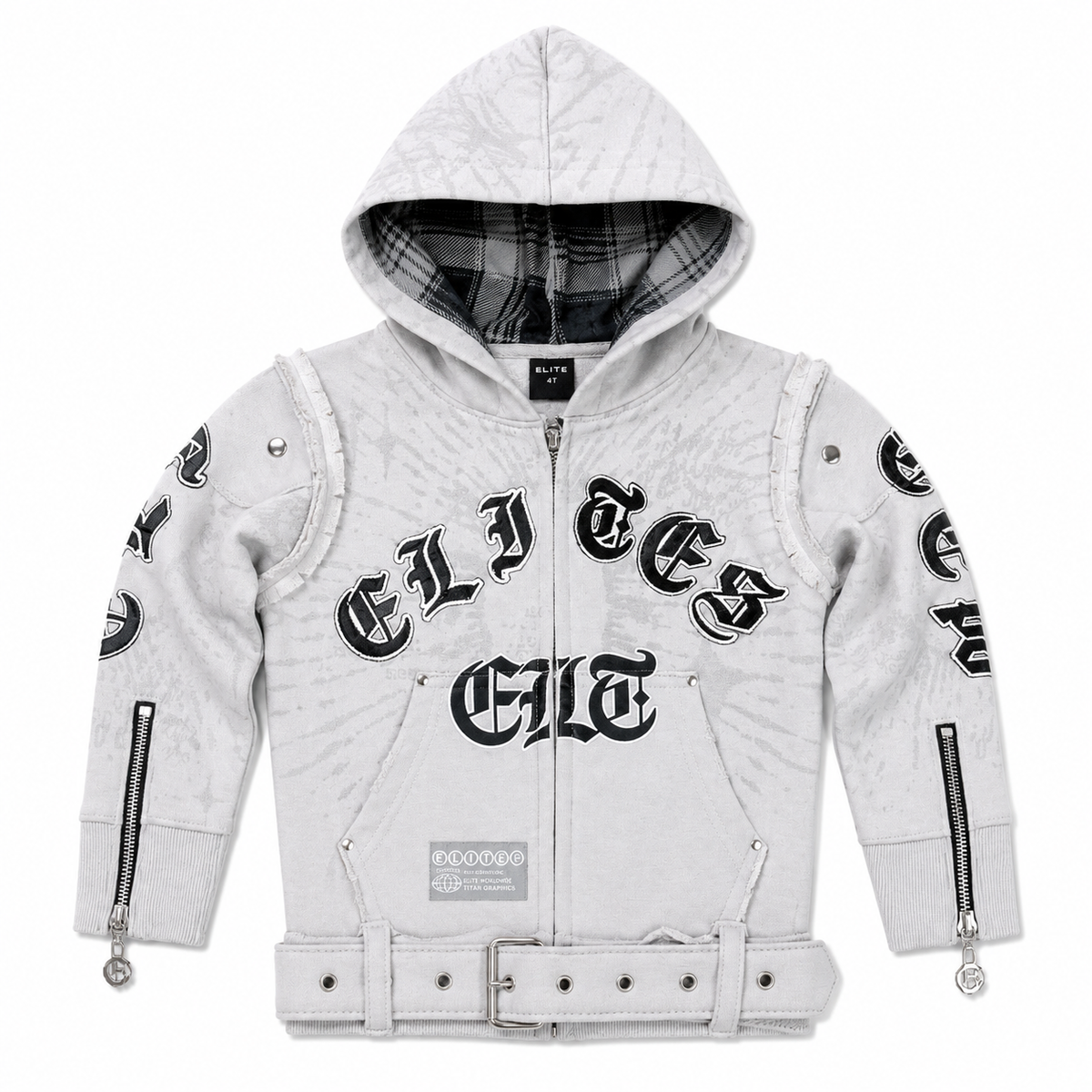 Belted Embroidered Grey Kids Zip Up Hoodie