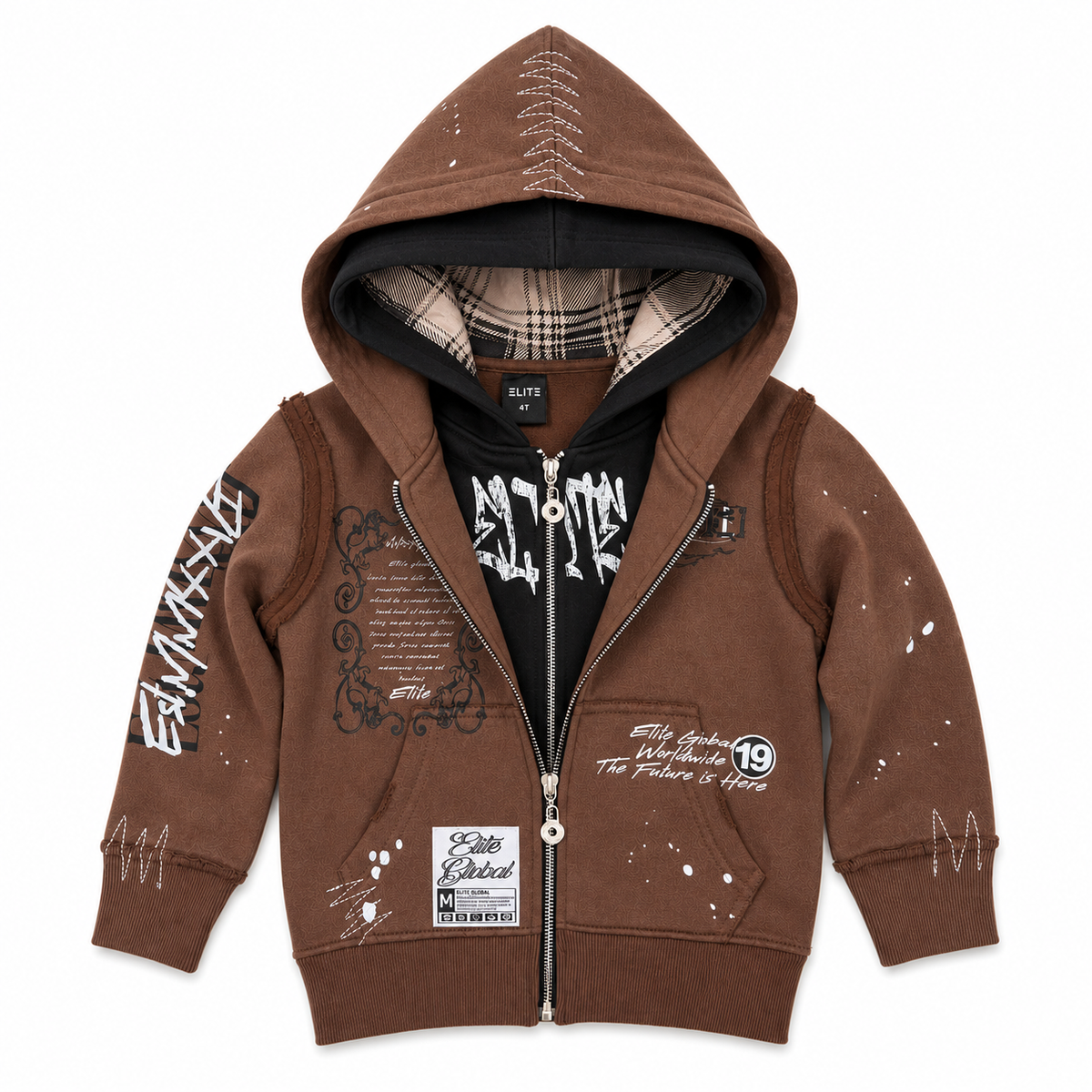 Double Layer Brown Kids Zip Up Hoodie