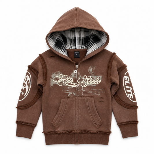 Elite Studio Embroidered Brown Kids Zip Up Hoodie