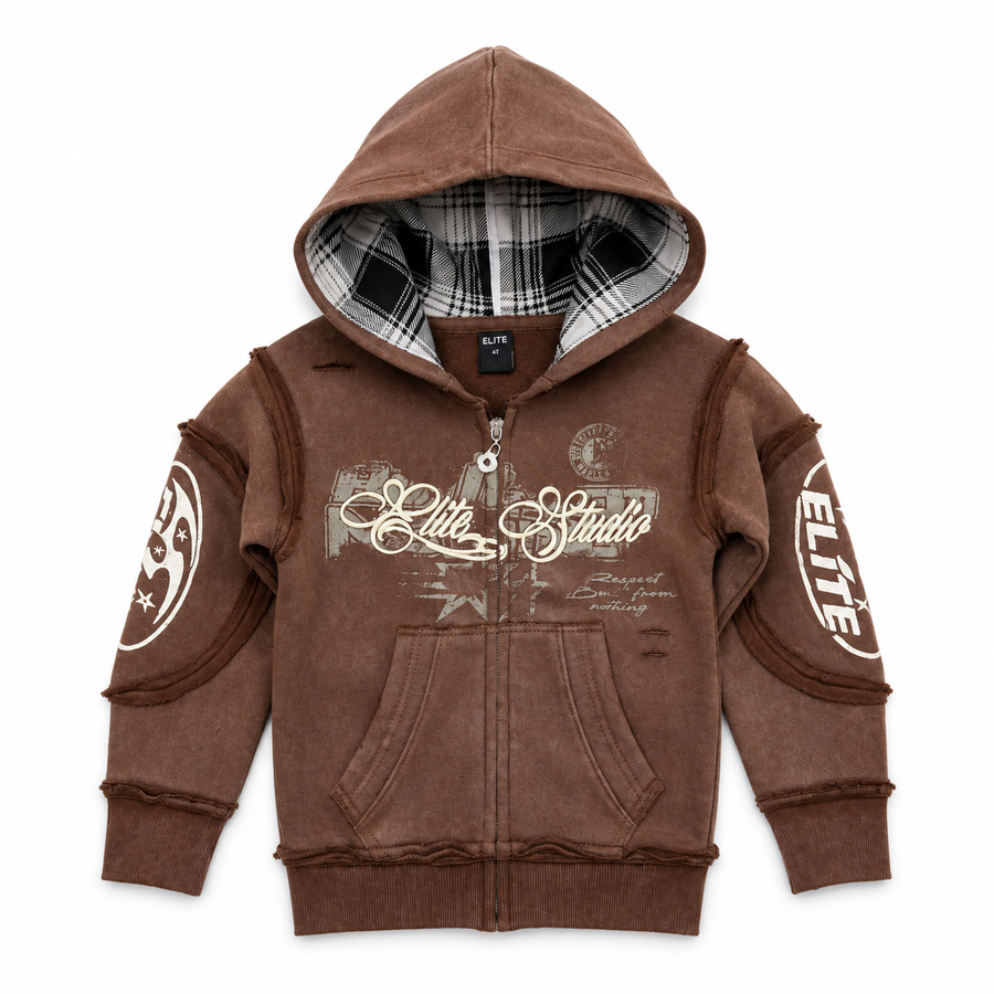 Elite Studio Embroidered Brown Kids Zip Up Hoodie