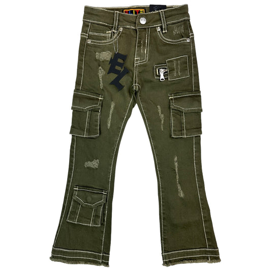 Olive Cargo Premium Kids Stack Jeans