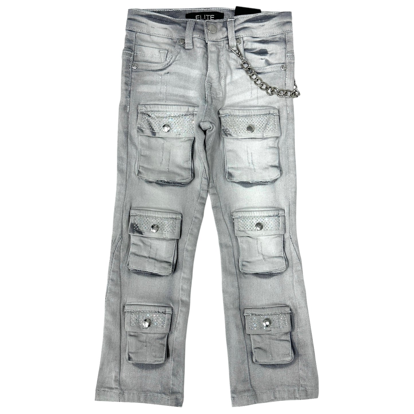 Crystal Cargo Premium Kids Stacked Jeans Grey