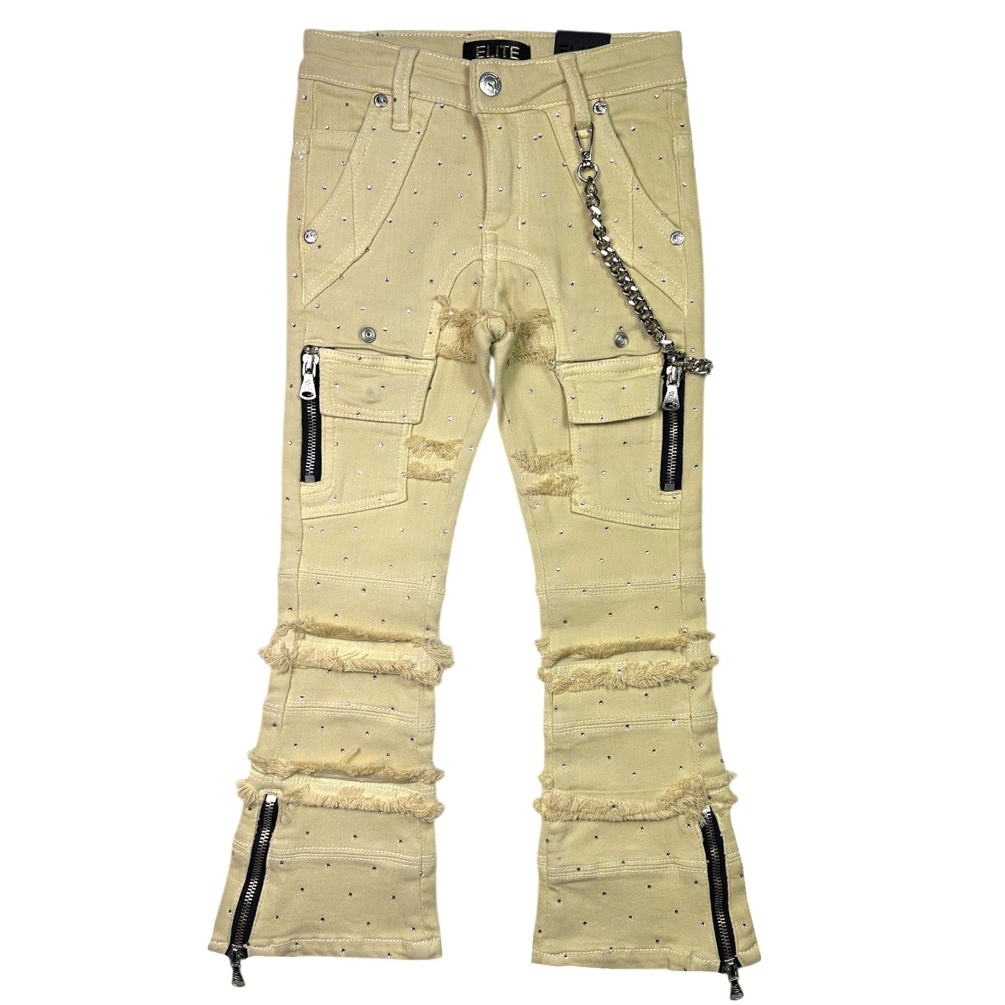 Cream Rhinestone Premium Kids Stacked Jeans