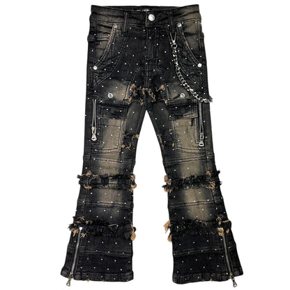 Taupe/Black Rhinestone Premium Kids Stacked Jeans