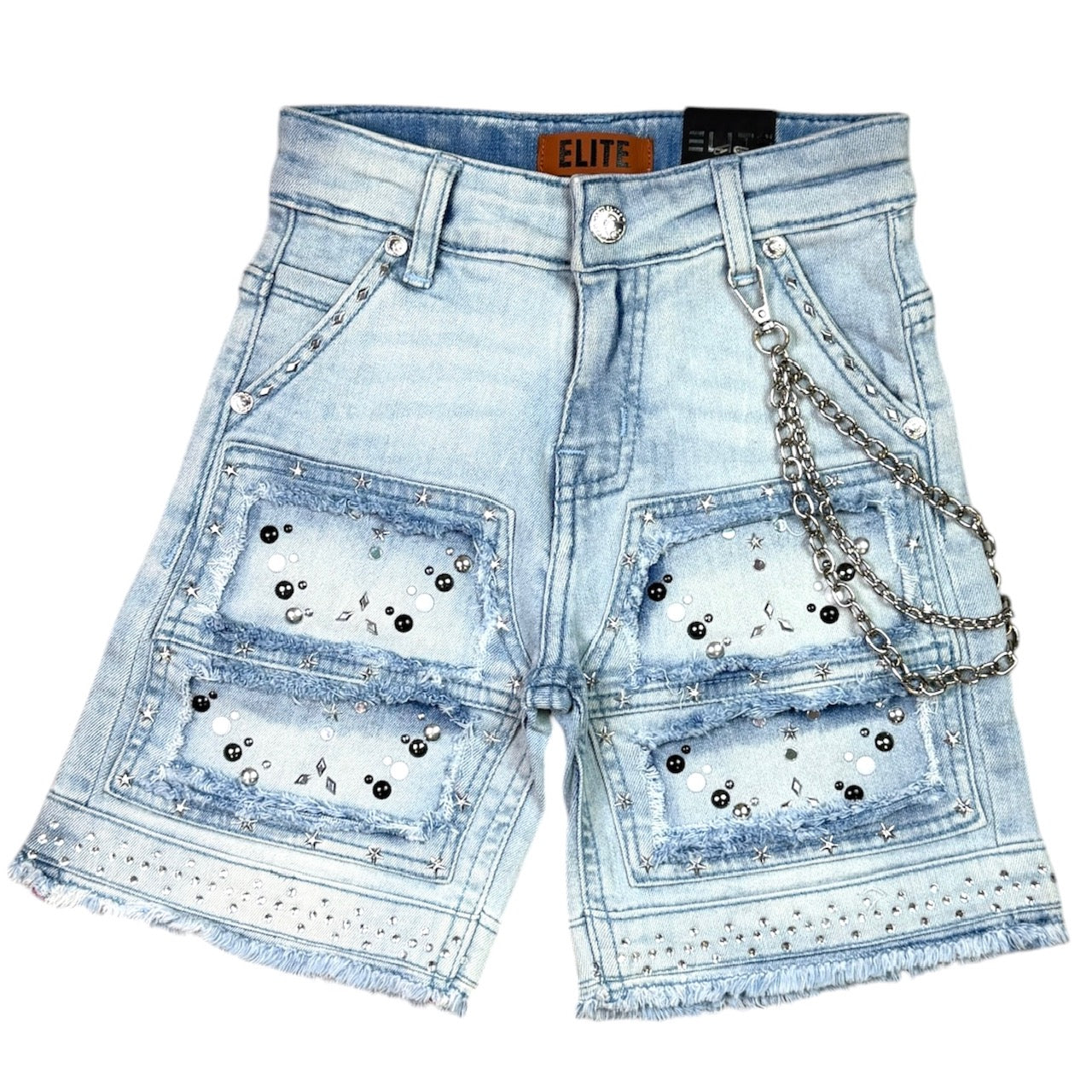 Flint Light Blue Wash Kids Rhinestones Denim Shorts