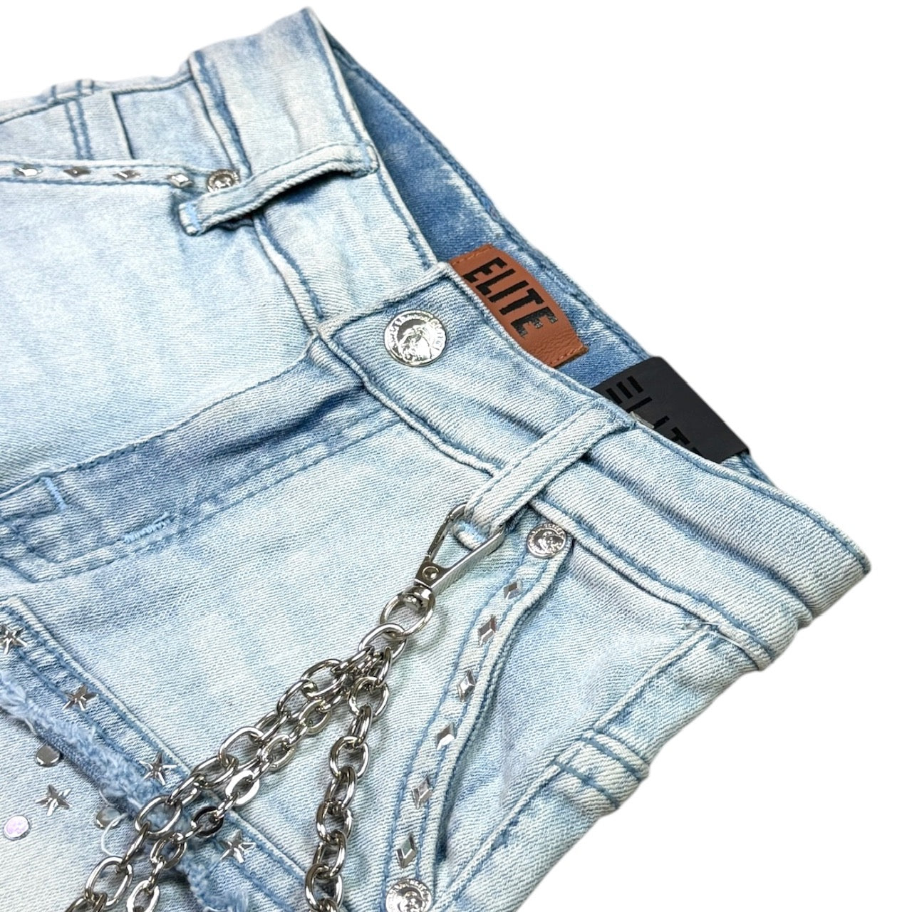 Flint Light Blue Wash Kids Rhinestones Denim Shorts